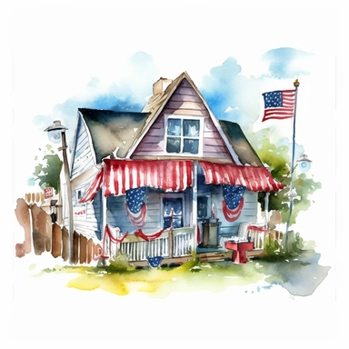 Outdoor party, American flag, American, , Clipart watercolor, architect, travel, no watermark, text, brush , 300 DPI , typography, shapes do not stick together, no text in the picture