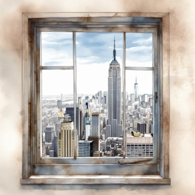 watercolor, hyper realistic, white background, white margins, 16k, ultra detailed clipart, cut out image, hand-drawn illustration style for picture books a window with a stunning view of the New York skyline in warm shades of blue and grey