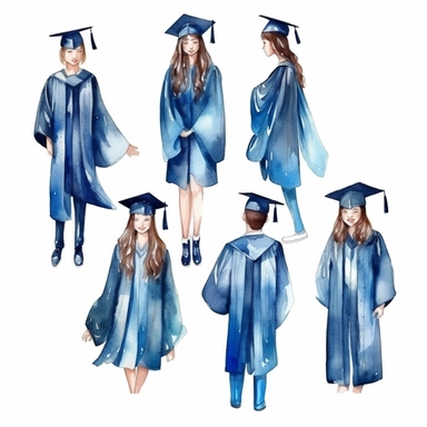 watercolor graduation ceremony related scenes, illustrations clipart set, simple, , cartoon elements ,different variants , separate elements with a margin, ,4k, high resolution