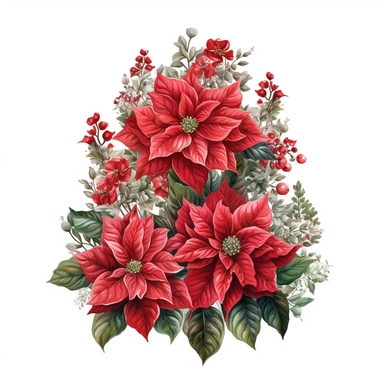 vector watercolor cute vintage Christmas poinsettia Christmas tree, intricate design, clipart on white background, fall, Christmas poinsettia Christmas tree, red and dark green, photorealistic, ultrarealistic, no background, on whit