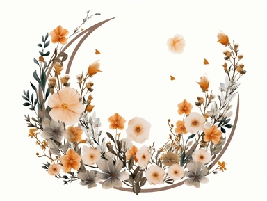 vintage pressed flowers, in a crescent moon shape, for a T-shirt graphic, minimalist, white background with margins, clipart style