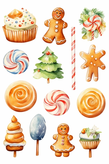 watercolour christmas theme clip art, gingerbread cookies and christmas candy theme, clipart variations, simple, vector, 8k