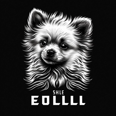 Logo for a fuel brandname eco, spitz puppy, clipart style, cute, monochrome, uplighting, like Andy Warhol
