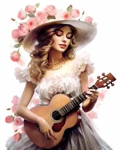 detailed beautiful lady facing me with vintage hat with pink roses dressed in a vintage dress and playing a musical instrument, looking at the side, hyper realistic, isolated on white backgorund, clipart