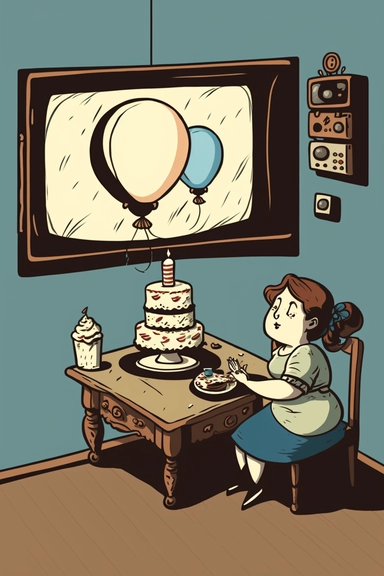 Stunning art of room landscape, happy birthday cake, chubby girl to moon written on wall, minimalism, bright colors, old antique tv , walls , clock, table , chairs , clip art, blue brown black and white color