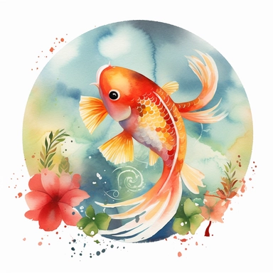 Create an adorable watercolor-style illustration of a koi fish pond on a white background, where the koi fish have an irresistibly cute appearance. The watercolor technique should be employed to achieve a soft and dreamy effect, with gentle brushstrokes and subtle color blending that adds to the overall charm. The koi fish should be depicted with chubby bodies, big round eyes, and playful expressions, giving them a lovable and endearing look. The pond should be adorned with lush water plants, su