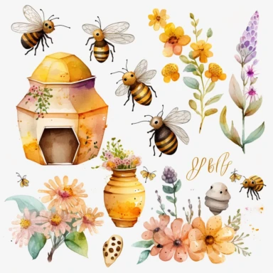 Bee clipart,happy kids bee,smile, Watercolor Cute Bee, Bee Hive - Flowers - Honey Stick - Bee Keeping - Honey Pot Honeycomb - Beehive Smoker - Beehive Frame - Flowers - Honey Jar, hd, on white background ar 3:2 s 1000 v5