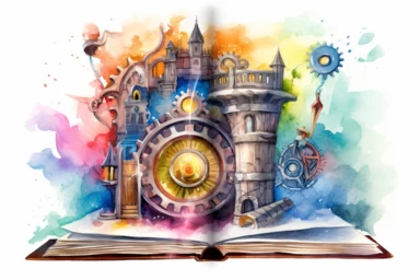 rpg item: fantasy book opening to wondrous steampunk land,steampunk castle, magical gears, heroic fantasy scene, watercolor, powerful aura, dark academia steampunk, witchcraft, neon colors, magic, glow, a lot of glow, watercolor clipart