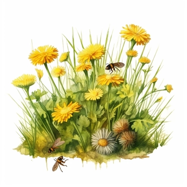 watercolor art of grass tuft with dandelions, bees, mushrooms, in the style of realistic and hyper-detailed renderings, sketchfab, ahmed morsi, realistic watercolor paintings, use of common materials, handcrafted designs clipart yellow and green with background removed