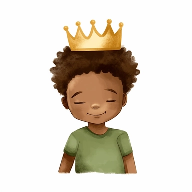brown-skinned toddler boy wearing a green top, with a gold crown, , afro hairstyle, soft illustration, minimalist art, clipart, no eyes, no nose, no lips, faceless