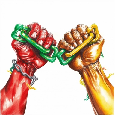 Red yellow green Fight two hands breaking the chain for juneteenth Watercolor Clipart, Cartoon, hyper realistic, intricate detail, illustration style, high solution, on the white background