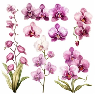In the midst of your design journey, it's time to create eye-catching orchid clipart that will add a touch of sophistication to the corners of invitations. Your task is to develop a versatile orchid clipart design, isolated on a clear white background. Consider the lines, shapes, and intricate details that make orchids unique. Embrace your artistic style, whether it's whimsical, realistic, or minimalist, and create a set of clipart elements that capture the essence of these enchanting flowers. S