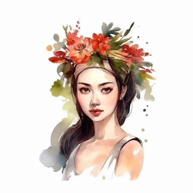 watercolor style, asian-origin girl with flowers on her head clipart, isolated on white background, hd ar 32:40