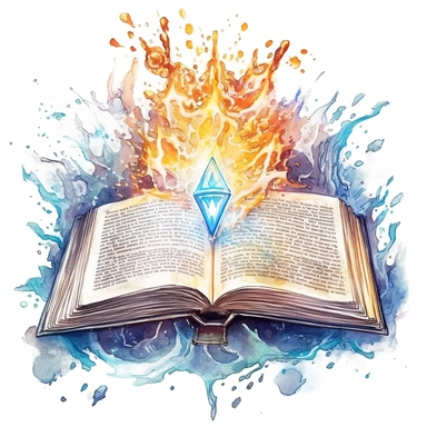 Solid white background, Detailed watercolor open ancient wizard magic book with symetrical love magic swelling from the book's pages clipart. The visable pages of the book have glowing etched runes on them visibly.