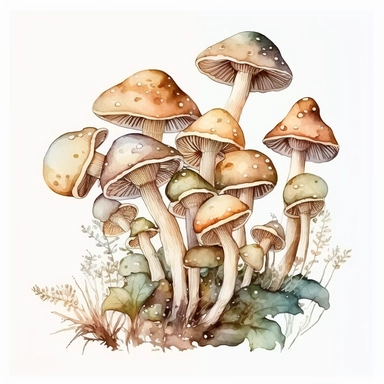 watercolor, a bunch of thin loong mashrooms in pastel beige color, a lot of details, good quality illustration, clipart, white background
