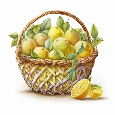 Watercolor one lemon basket Clipart, citrus lemon, vibrant color, high details, white background, no text