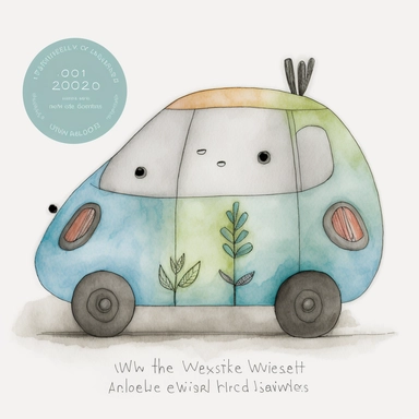 Whimsicle electric car award-winning drawing, bright colours, watercolour and pencil drawing, beautiful watercolour ink wash colouring, thick pencil lines, Jon Klassen, watercolour illustrations clipart, watercolour illustrations for kids and children, plain white background, 2d