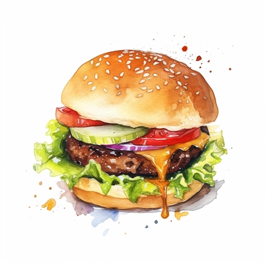 cartoon watercolored hamburger clipart, no text, white background