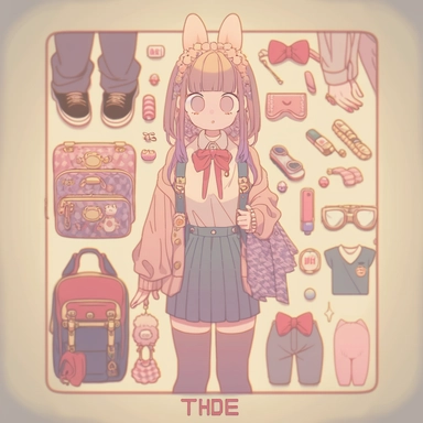 , a girl that is standing in front of a bunch of stuff,trending on deviantart,character sheet,???,embrace porcelain doll,everything fits on the screen,highly detailed object content,secret,knolling,clipart icon,anime,first aid kit,bunny