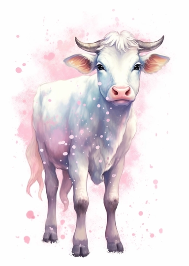watercolor clipart, a cow, full body, Pastel, luminous, glowy, illustration, simple, pencil drawn, vivid colors, by amy sol and magali villeneuve and susan bourdet and ross tran, intricate, illustration, 8k, png, isolated on white background