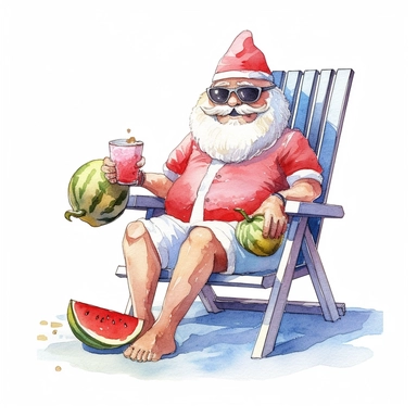 cute Santa Claus Wearing Sunglasses, sitting on a beach chair and eating watermelon, style by Lucy Fleming, watercolor, smooth gradients, black contour outline, ultra detailed, clipart elements, delicate pastel colors, solid white background, super clear, high quality