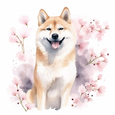 watercolor dog shiba clipart , hight detail, cute, kawii , fresh Sakura, cheerful, standing, postcard