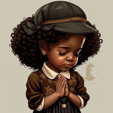 clipart style Afro Latina 7 years old, praying, happy praying hands, curly dark brown hair wearing a beret hat, closed eyes, short sleeve summer dress, dress over the knees.