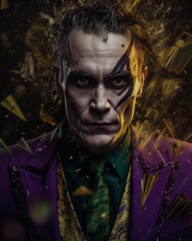 Digital art, Extreme Closeup of Joker with gold makeup and black hair, in the style of dadaist photomontage, octane render, kintsugi, devilcore, raw character, dark silver and gold, sony alpha a7 iii. Wearing a gold suit with black accents, a purple shirt, and a green tie, he stands in front of a chaotic collage of newspaper clippings, posters, and photographs, some of them torn or burned. His face is covered with gold paint, except for his eyes and mouth, which are exaggerated with black eyelin