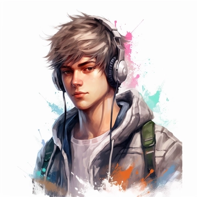 beautiful stunning handsome cute anime gamer young man, paint art style, clipart, white background, superrealistic, one of a kind