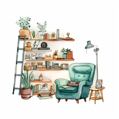 clipart furniture watercolor flat color simple lines cute cartoon white background , 8k,---q 3