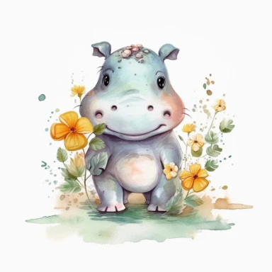 a standing up baby Hippo with cute big eyes, happy smiling face, cute animal, adorable, playful atitude, adorable watercolor animal clipart with a few plant and flowers decor, no background, high quality very sharp with clear focus