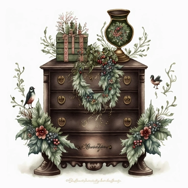 dark academia, christmas dresser, fairytale, folk art, watercolor, white background, clipart