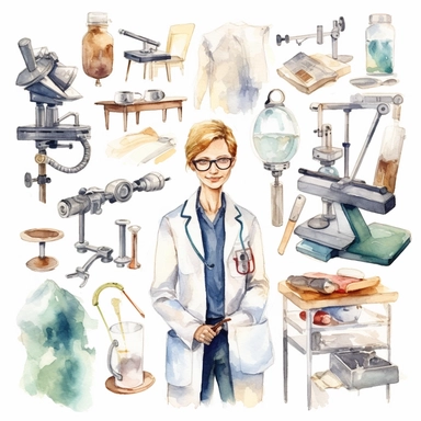 watercolor doctor related scenes , illustrations clipart set, simple, , cartoon elements ,different variants , nurse, doctor, stethtescope, mechanical body weighing scale, microscope, ,separate elements with a margin