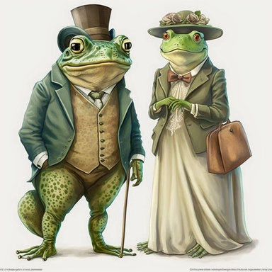 frog and toad lady gentleman cute, clipart, white background real looking