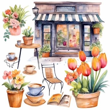 Watercolor spring coffee shop clipart -20 High Quality cafe PNG clipart, Collage spring cafe illustration - - v5.1