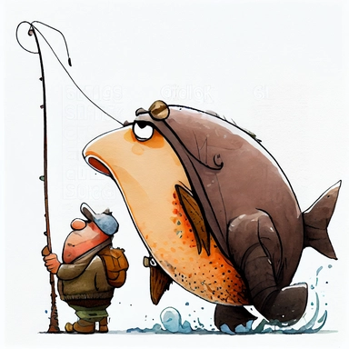 funny big sish going to fishing big fish, CLIPART, watercolor, ink, ultra-detailed, cartoon style, white background, black outside lines –testp,
