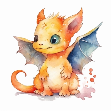 watercolor cute baby dragon clipart full body, flying and sitting, simplistic, charming sketches, warm color palette, hand painted, white background