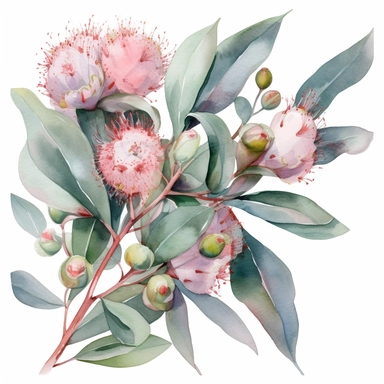 a high-quality watercolor clipart representation of eucalyptus greenery with branche, very big soft pink gum blossoms, perfect for nature-themed design