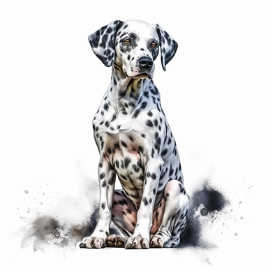dalmation dog watercolour painting sitting realistic yet stylized, digitally enhanced, clipart, 32k uhd, detailed crosshatching white background
