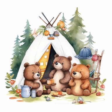 Bear Family Camping Watercolor Sublimation Clipart, Clipart, white background, no watermark, no text, no word,