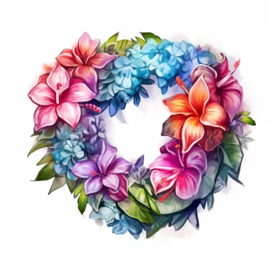 Hawaiian Lei, watercolor, white background, high detail, unique, intricate detail, hand - painted Sublimation Clipart,Cartoon,hyper realistic, intricate detail, illustration style,high solution,on the white background