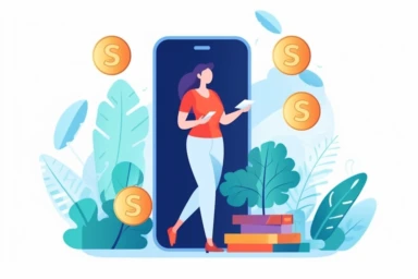 Secure mobile payment, money transfer or online finance concept with smartphone, woman, flying coins, wallet. Digital internet transaction or cashback banking illustration. Safe money transfer clipart