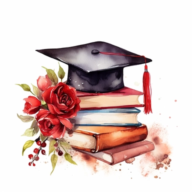 watercolour red graduation cap on top of books with flowers clipart, white background, no text