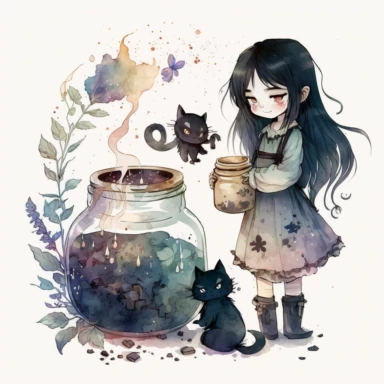 beautiful alchemist girl, black eyes, black long hair, cat, brazier, metal pots, jars of potions, jars of herbs, decorated with stars, children illustration, watercolor image, hannah dale style, watercolor, white background, clipart
