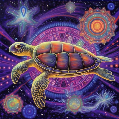 A oil painting of a turtle clipart with a surreal and fantastical design, floating in a starry sky with planets and comets. The turtle has a large body, a long neck, four wings, and a spiral tail. only four legs. Its shell is covered with intricate patterns and symbols in glowing colors. The background is a dark purple sky, creating a contrast with the turtle’s luminous appearance. The painting has a magical and mysterious style, with an imaginative use of elements and colors. The perspective is