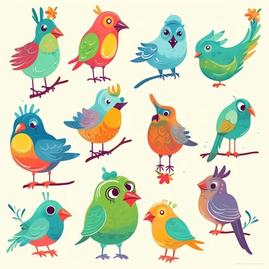 Design an enchanting collection of cartoon-style bird clipart images, full of charm and whimsy. Embrace a playful and expressive art style, capturing the unique characteristics of each bird. Include a variety of feathered friends such as chirpy bluebirds, curious owls, graceful swans, and mischievous parrots. Each bird should have exaggerated features, vibrant colors, and lively poses, bringing them to life in a delightful manner. These clipart images will be perfect for children's illustrations