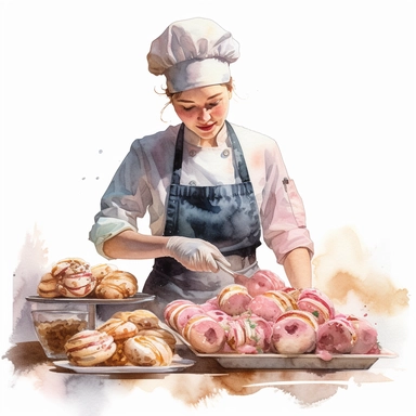 watercolor, hyper realistic, no background, have margins, 8k, ultra detailed clipart, no text, no logo, no trademark a pastry chef with light pink accents, expertly creating beautiful and tasty baked goods