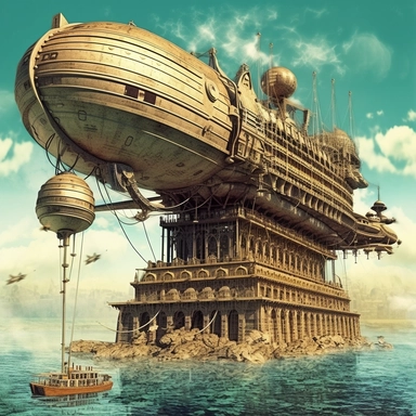 steampunk airship flying above atlantis, vintage, clipart