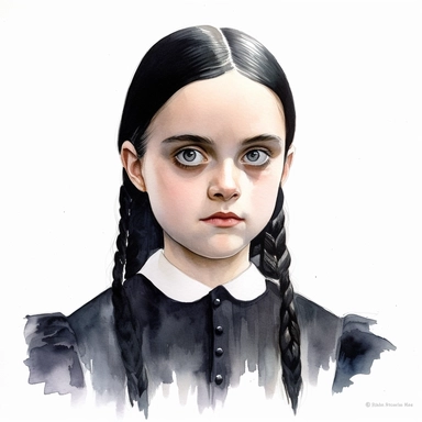 charming Wednesday Addams from the movie The Addams Family by Barry Sonnenfeld, watercolor by mary whyte, romantism, clear line, white solid background, clipart, gothic