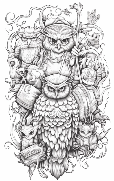 Coloring cartoon page for adult,witch clipart 6 witches, owl, in the style of reimagined by Dr. Seus, mystic mechanisms, illusory images, witchcore, lith printing ,clear and clean line art, white background